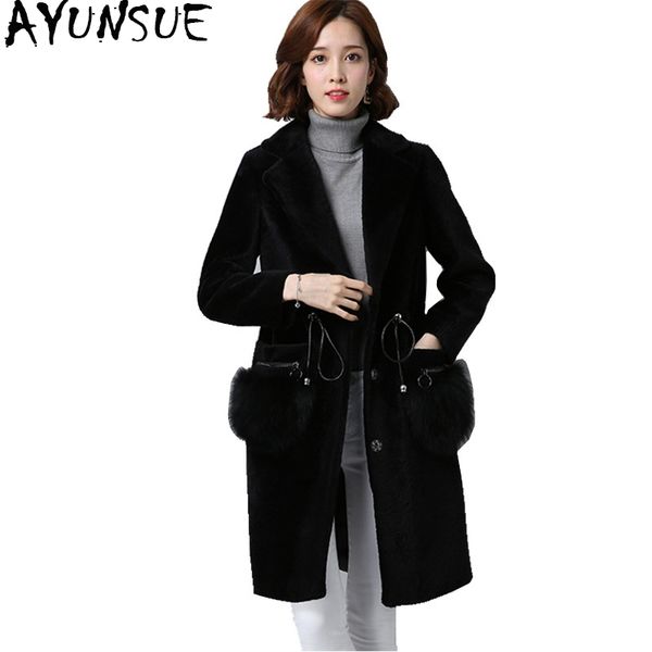 ayunsue 2017 sheep shearing fur coat natural fur pocket decoration winter warm wool jackets for women natural coats wyq979, Black